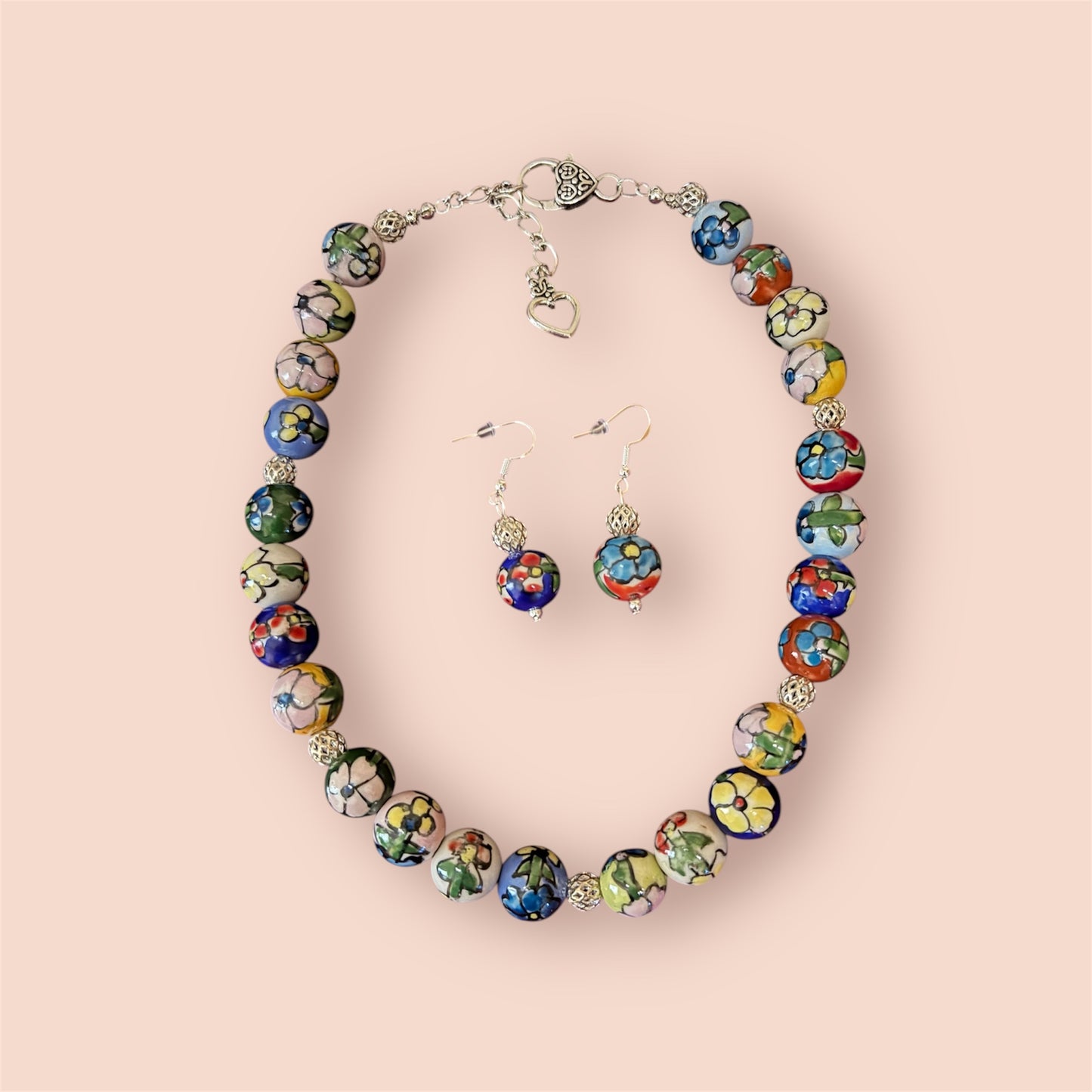 Hand Painted Porcelain 16" Necklace and 2" Earrings 925 Sterling Silver Set