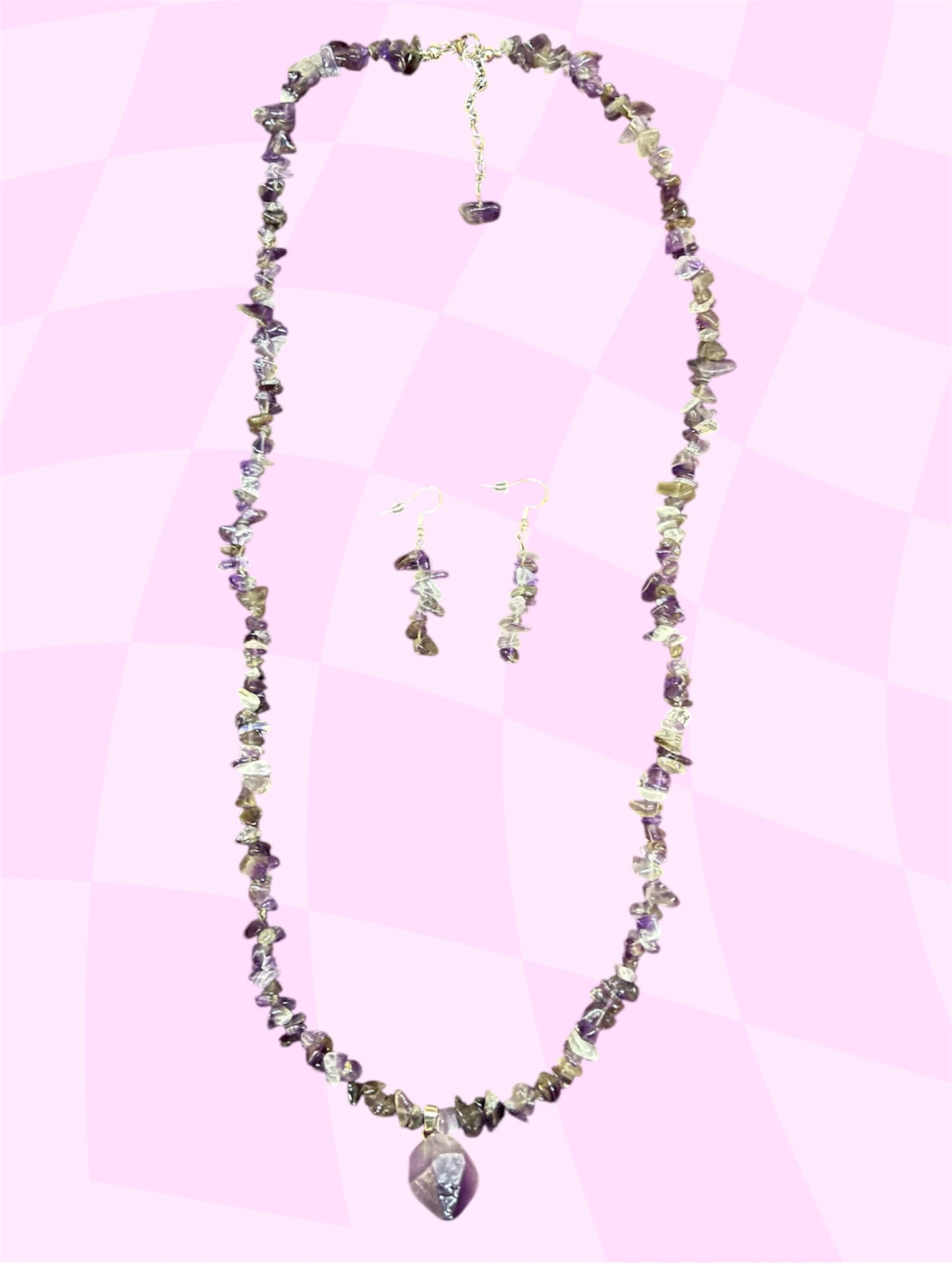 46" Long Natural Amathyst Necklace & 2 Drop Earrings 925 Sterling Silver Handmade Set