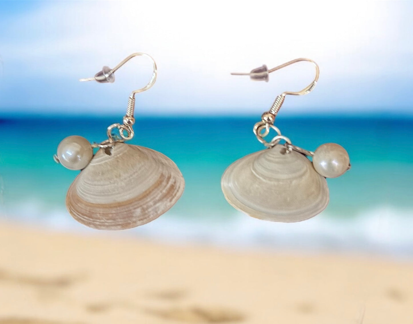 22” Natural Sea Shells from Ocean City Md Chain Necklace & 1” Natural Shells and Water Pearls 925 Sterling Silver Earrings Set