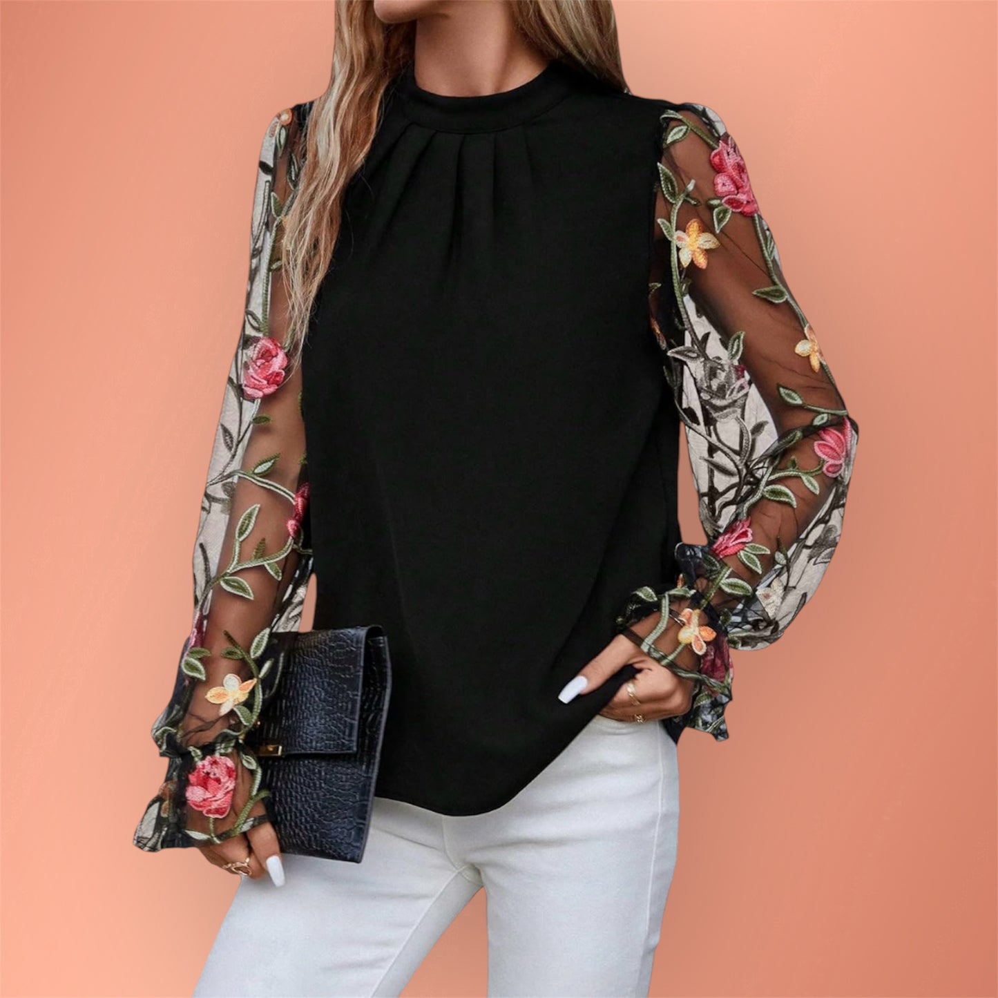 Women’s Floral Embroidery Mesh Mock Neck Flare Long Sleeve Blouse Top