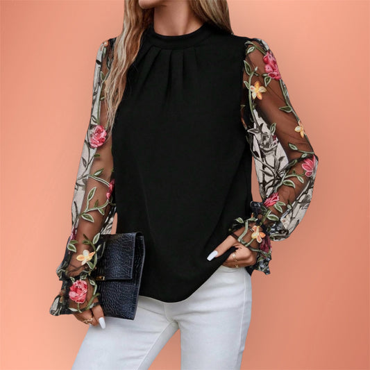 Women’s Floral Embroidery Mesh Mock Neck Flare Long Sleeve Blouse Top