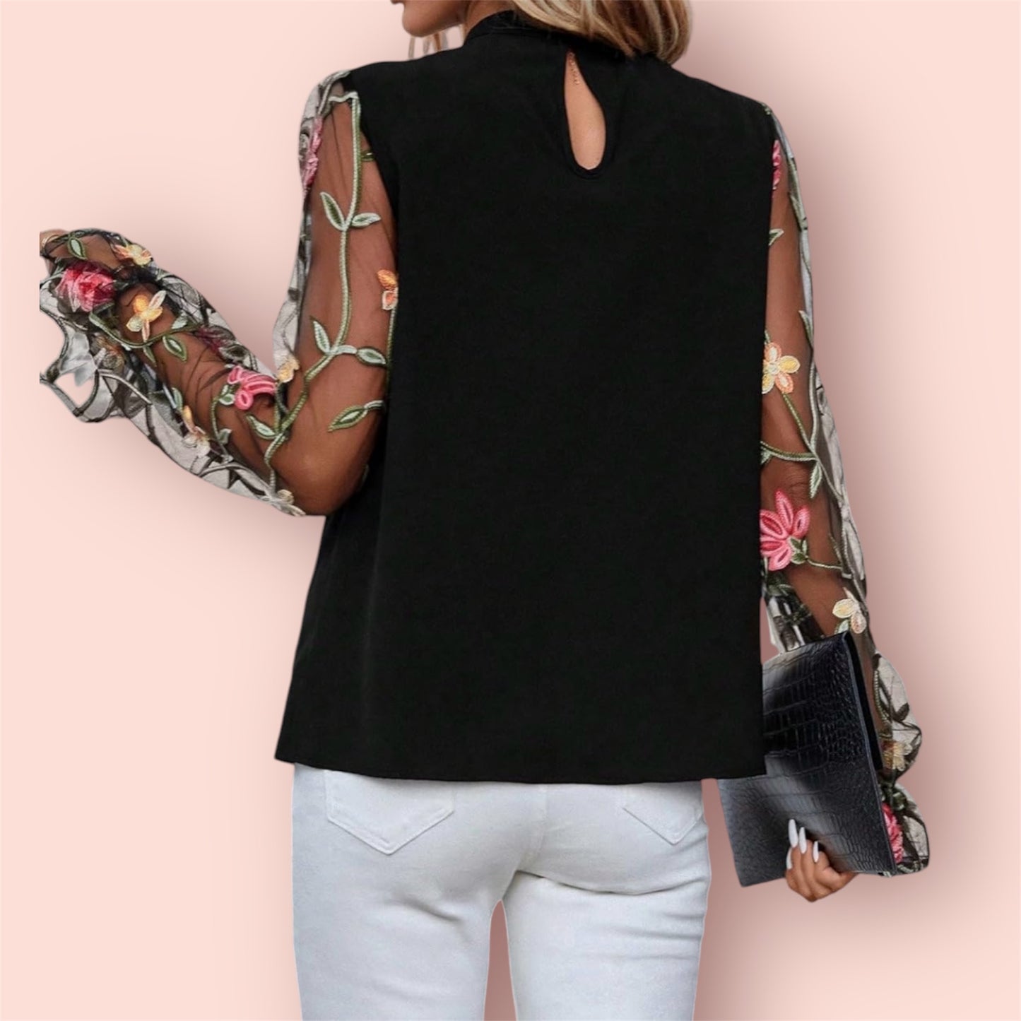 Women’s Floral Embroidery Mesh Mock Neck Flare Long Sleeve Blouse Top