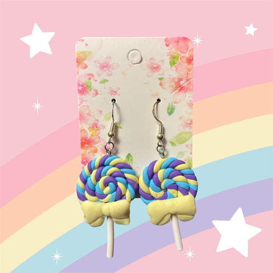 Purple, Yellow & Blue Sweet Lovely Swirl Lollipop Earrings