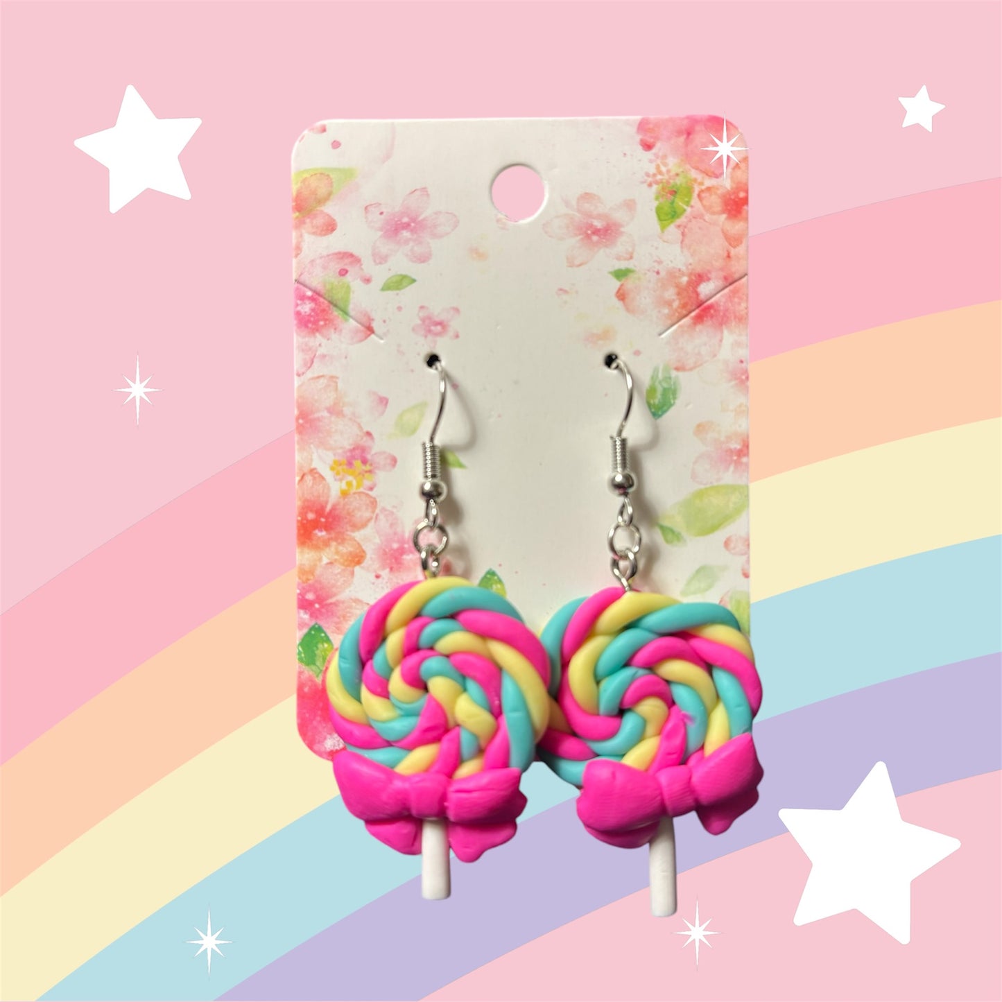 Pink, Blue & Yellow Sweet Lovely Swirl Lollipop Earrings