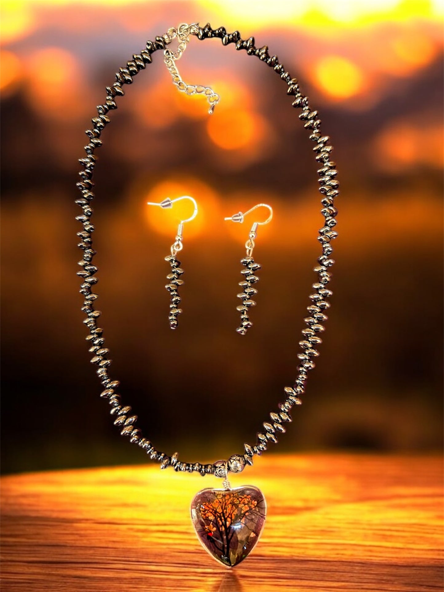 18” Natural Hematite Black with Resin Glass Heart Necklace & 2” Drops Earrings 925 Sterling Silver Handmade Set