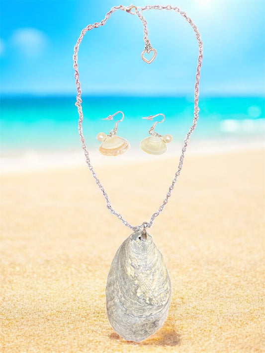 22” Natural Sea Shells from Ocean City Md Chain Necklace & 1” Natural Shells and Water Pearls 925 Sterling Silver Earrings Set