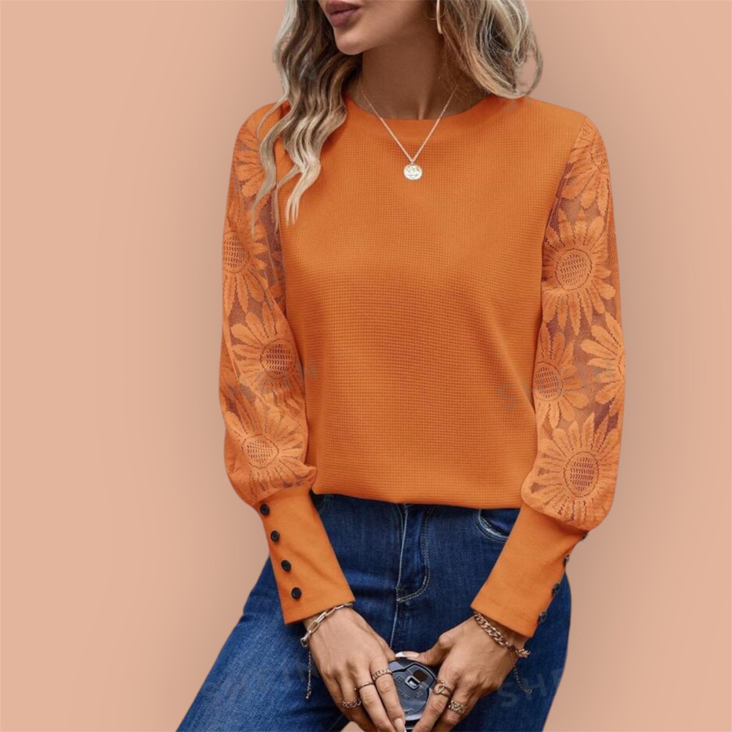 Women’s Round Neck Sheer Long Sleeve Top Orange