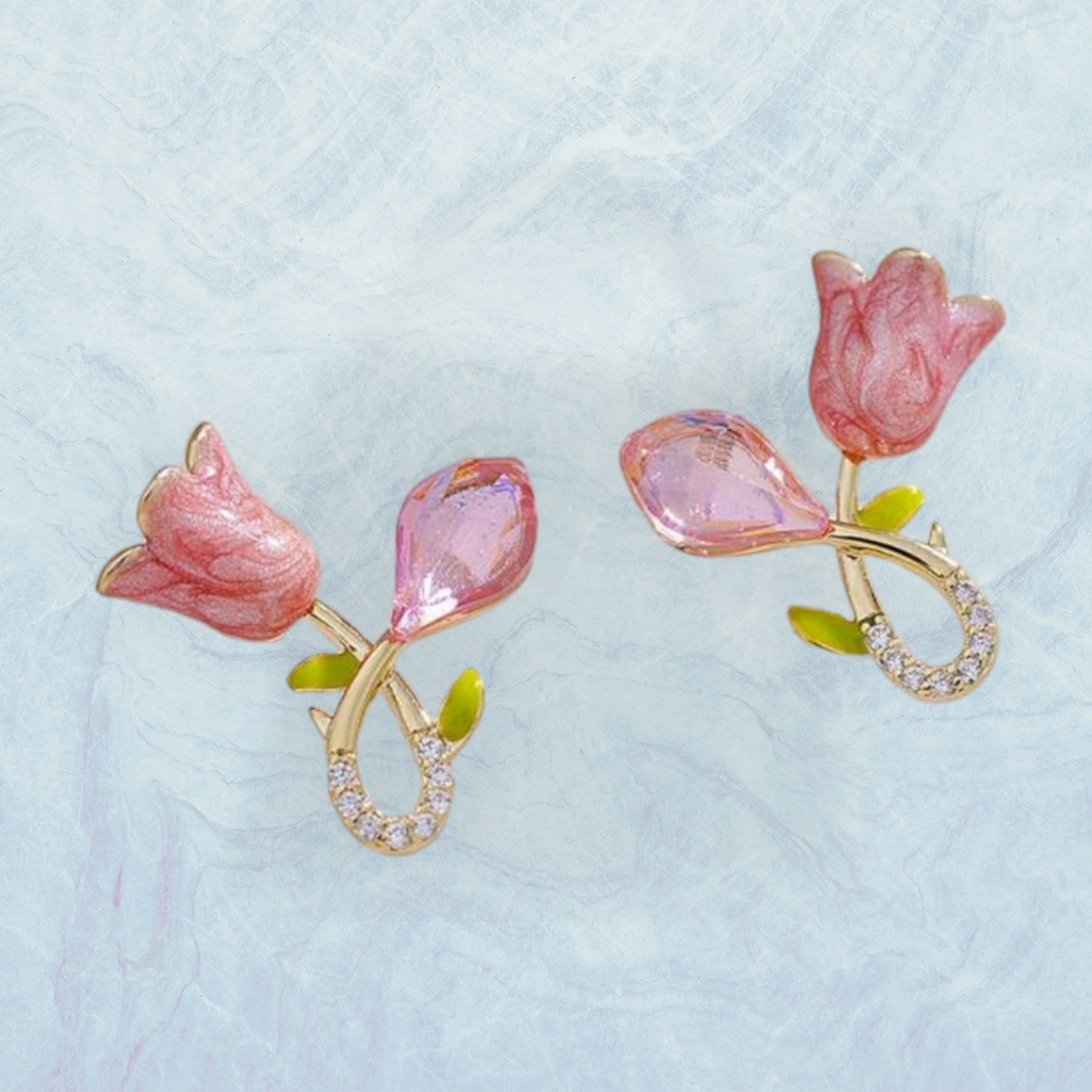 Pink Tulip Flower Crystal Earrings