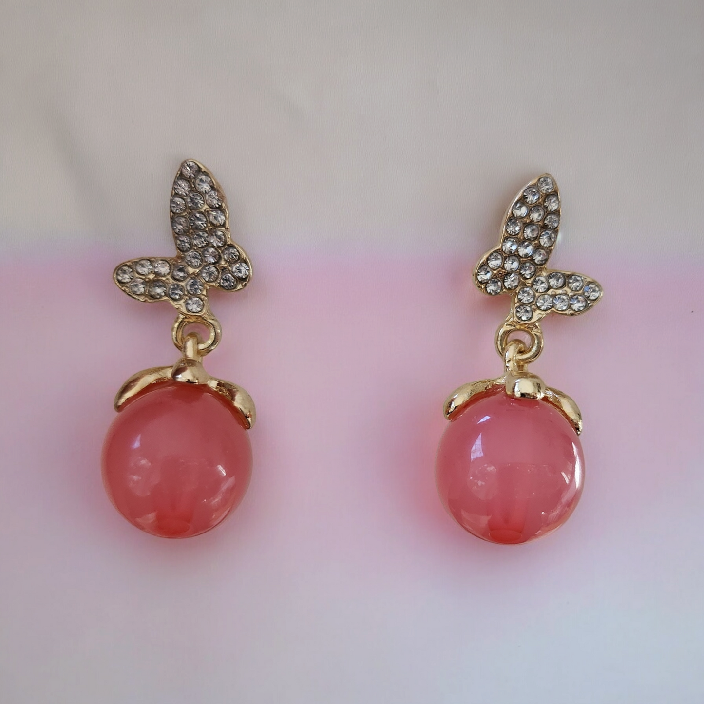 Gold/Silver Plated Rhinestone Butterfly & Pink Cat Eye Stones Earrings