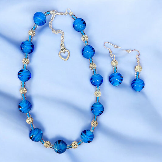 Handmade 14" Round Blue Czech Glass Necklace & 1 1/2"  Earrings 925 Sterling Silver Set