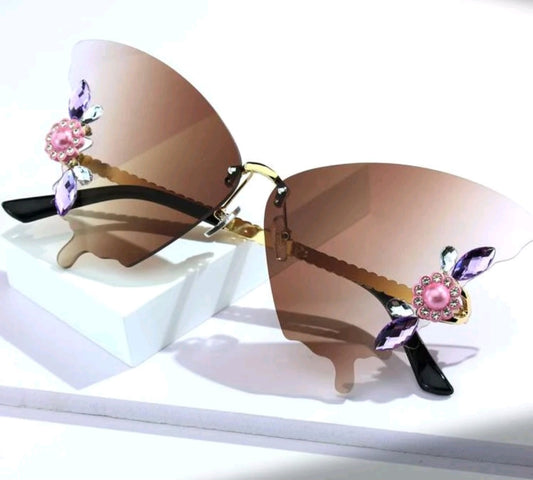 Rhinestone Butterfly Fashion Sunglasses Brown